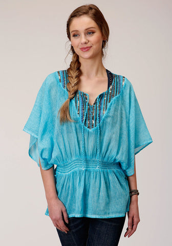 Roper Womens Turquoise 100% Cotton Peasant Top S/S Tunic