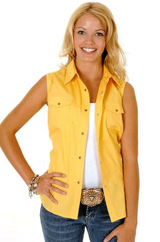 Roper Womens Yellow 100% Cotton Sleeveless Solid Poplin Snap Western Shirt