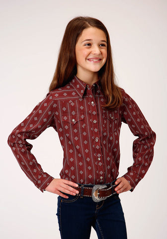 Roper Girls Red 100% Cotton Constellation Wallpaper L/S Shirt