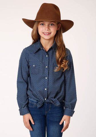 Roper Girls Kids Blue 100% Cotton North South Arrows L/S Shirt