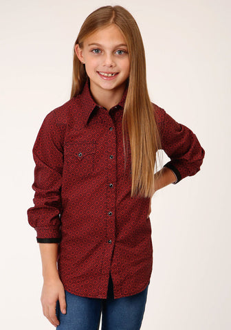 Roper Girls Kids Red 100% Cotton Tribal Geo L/S Shirt