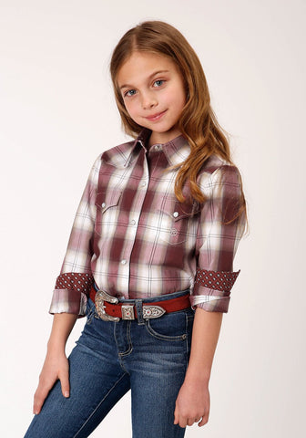 Roper Girls Red/White 100% Cotton Ombre Plaid L/S Shirt