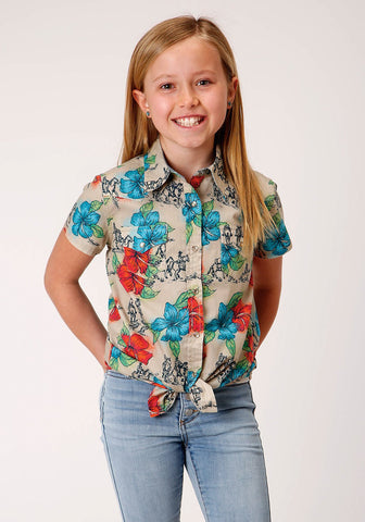 Roper Girls Multi-Color 100% Cotton Trail Ride Tropical L/S Shirt