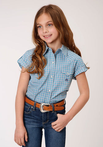 Roper Girls Kids Blue Cotton Blend Stretch Check S/S Shirt