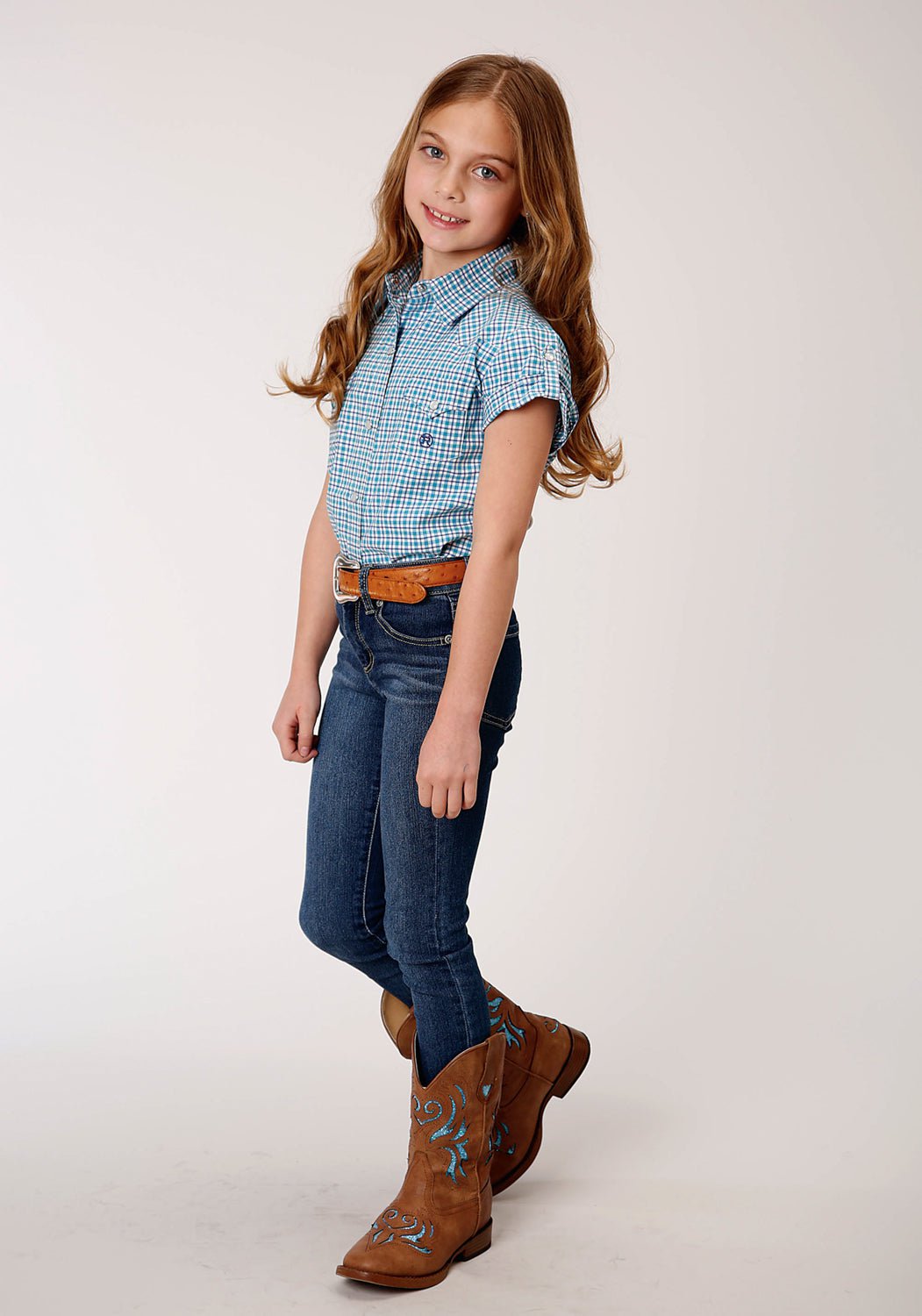 Roper Girls Kids Blue Cotton Blend Stretch Check S/S Shirt – The Western  Company