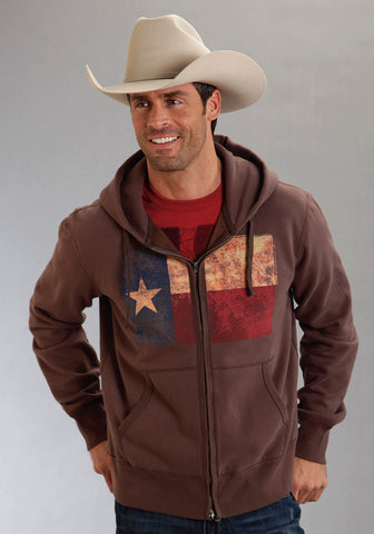 Roper Americana Mens Brown L/S Cotton Blend Texas Flag Hoodie Sweatshirt