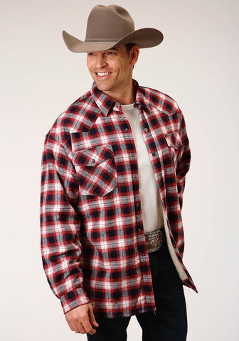 Roper Mens Red 100% Cotton Sherpa Flannel Plaid L/S Shirt