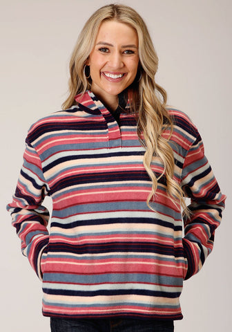 Roper Womens Navy Multi Polyester Horizontal Stripe Fleece Jacket