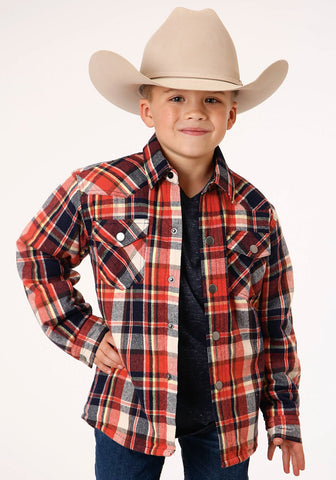 Roper Boys Kids Orange 100% Cotton Sherpa Flannel Plaid L/S Shirt