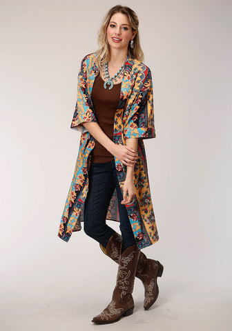 Roper Womens Turquoise Polyester Baroque Floral Cardigan