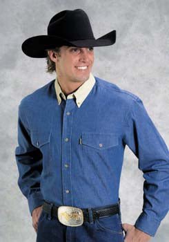 Roper Mens Basics Blue 100% Cotton L/S Tall Denim Contrast Western Shirt