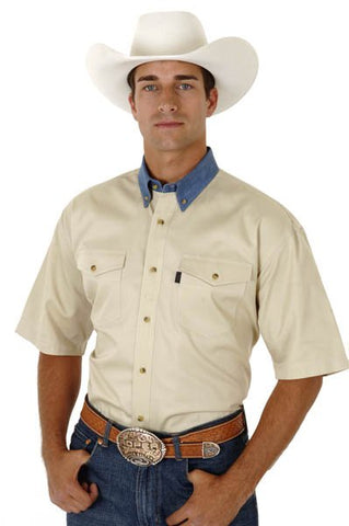Roper Mens Basics Khaki 100% Cotton S/S Denim Button Down Western Shirt