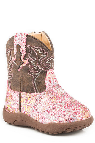 Roper Aztec Girls Infants Pink/Brown Faux Leather SW Glitter Cowboy Boots