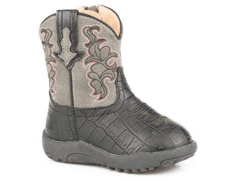 Roper Infants Boys Black/Grey Faux Leather Vintage Croco Cowboy Boots