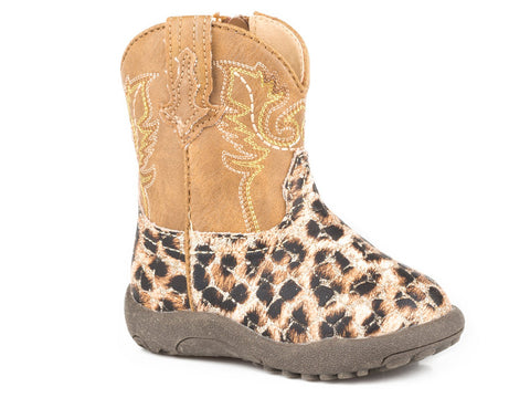 Roper Infants Girls Tan Faux Leather Cowbabies Leopard Cowboy Boots