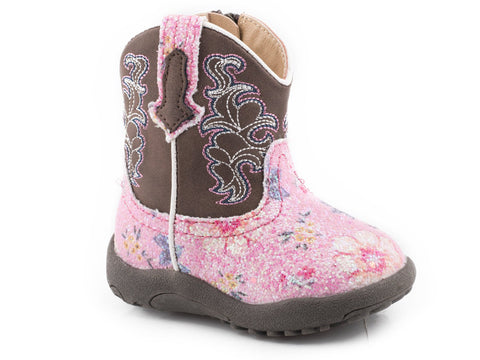 Roper Girls Infant Pink/Brown Faux Leather Glitter Flower Cowboy Boots