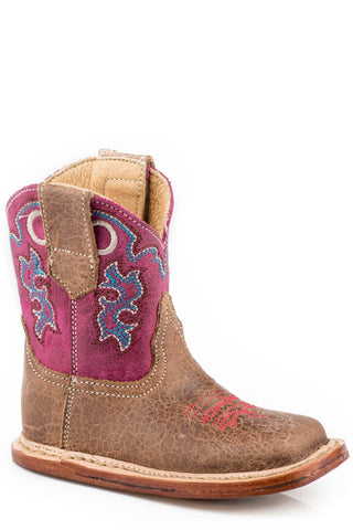 Roper Infant Girls Tan/Pink Leather Cowbabies Aurora Cowboy Boots