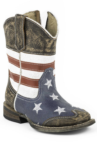 Roper Boots Infant Blue Leather 5in USA Flag American Cowboy