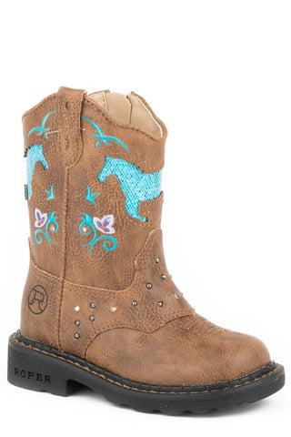 Roper Horse Flowers Infant Tan Faux Leather Light Up Girls Western Boots