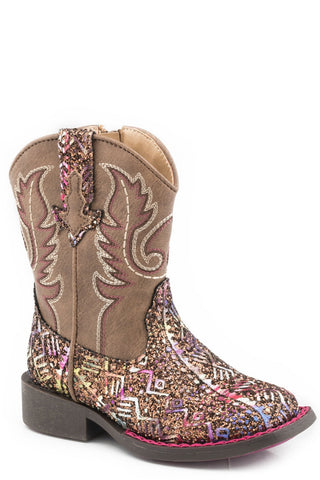 Roper Girls Toddler Brown Faux Leather Glitter Aztec 6In Cowboy Boots
