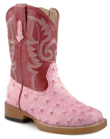 Roper Baby Girls Infant Square Toe Pink Faux Ostrich Print Leather Cowboy Boots