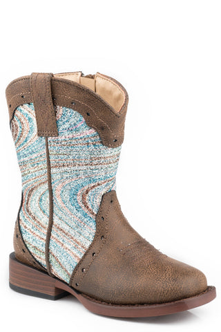 Roper Toddlers Girls Blue/Brown Faux Leather Glitter Swirl Cowboy Boots
