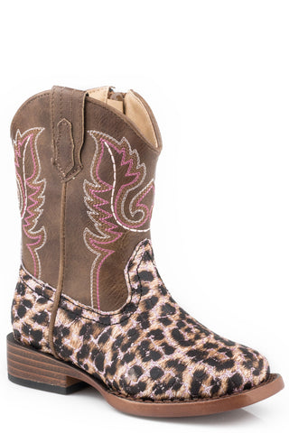 Roper Toddlers Girls Brown/Pink Faux Leather Glitter Leopard Cowboy Boots