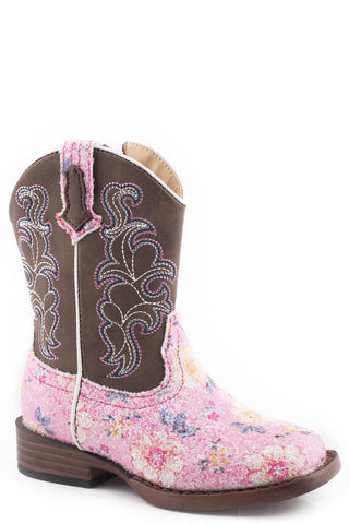 Roper Girls Toddlers Pink Faux Leather Glitter Flower Cowboy Boots