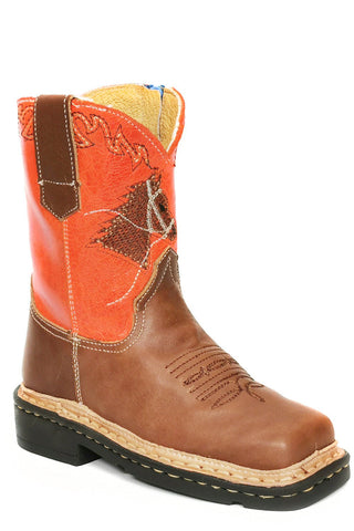 Roper Boys Toddler Tan/Orange Leather Horsehead Cowboy Boots