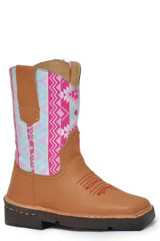 Roper Girls Toddlers Tan/Pink Leather Aztek Cowboy Boots