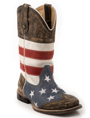 Roper Kids Boys Cowboy Boots Blue Sq Toe American USA Flag Stars Leather