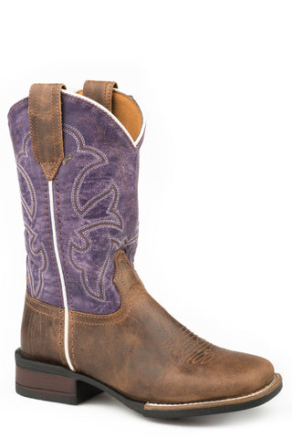 Roper Girls Kids Brown/Purple Leather Monterey Cowboy Boots