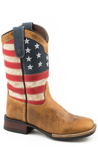Roper Kids Boys Brown Leather Patriotism Flag Cowboy Boots