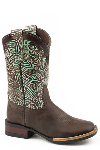 Roper Kids Girls Brown/Turquoise Leather Monterey Swirls Cowboy Boots