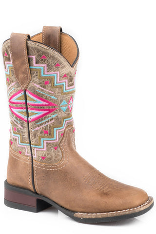 Roper Kids Girls Brown Leather Monterey Aztec Cowboy Boots