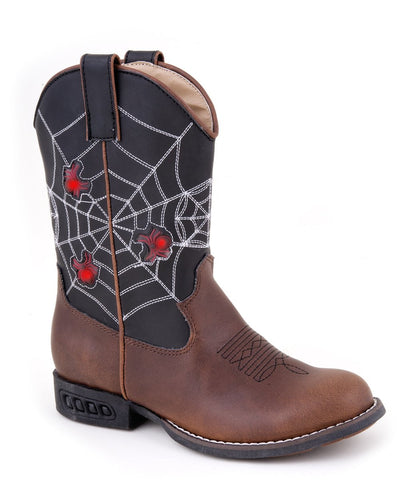 Roper Kids Boys Western Lighted Brown Faux Spider Web Leather Cowboy Boots