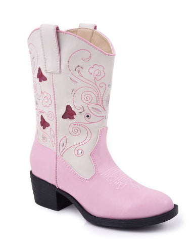 Roper Kids Girls Western Lighted Pink Faux Leather Creme Butterfly Cowboy Boots