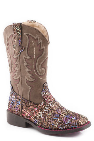 Roper Girls Kids Brown Faux Leather Glitter Aztec Cowboy Boots