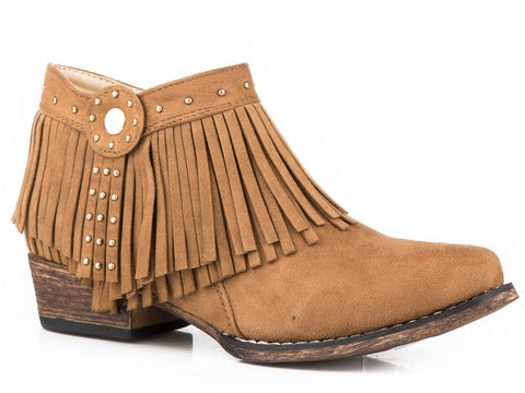 Roper Kids Girls Tan Faux Leather Brittany Fringe Studs Ankle Boots