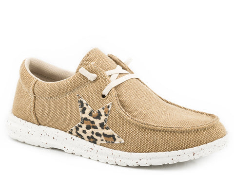 Roper Girls Kids Tan Fabric Hang Loose Leopard Star Loafer Shoes