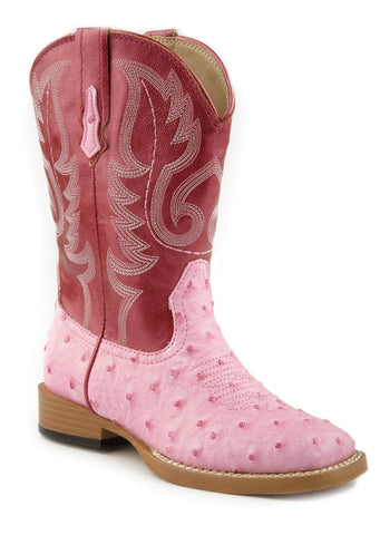Roper Kids Girls Square Toe Pink Faux Ostrich Leather Comfort Cowboy Boots