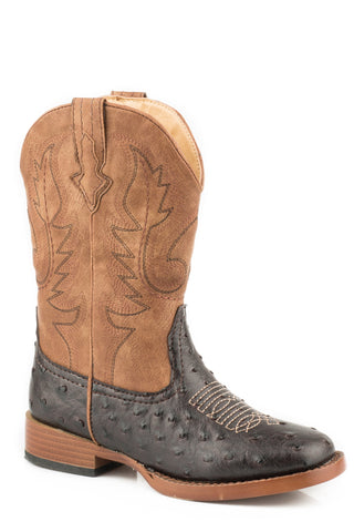 Roper Cowboy Cool Kids Brown Faux Leather Ostrich Western Boots