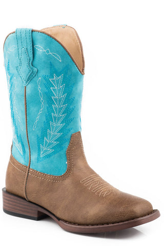 Roper Kids Boys Turquoise/Tan Faux Leather Billy Cowboy Boots