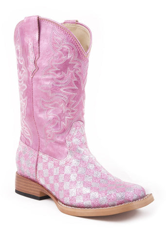 Roper Kids Girls Square Toe Pink Glitter Faux Leather Western Cowboy Boots