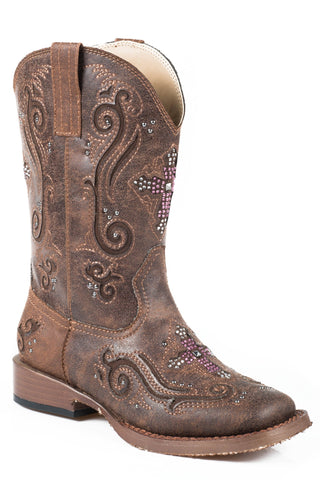 Roper Boots Kids Brown Faux Leather Crystal Cross Girls Faith Cowboy