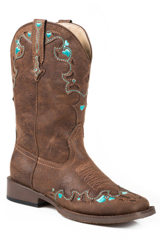 Roper Hearts Kids Brown Faux Leather Western Crystals Boots