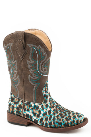 Roper Kids Girls Turquoise Faux Leather Glitter Leopard Cowboy Boots