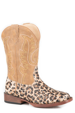 Roper Kids Girls Gold/Tan Faux Leather Glitter Leopard Cowboy Boots