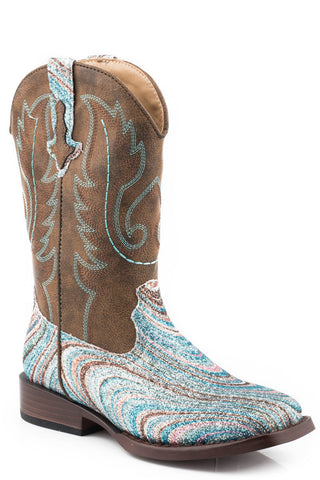 Roper Kids Girls Turquoise Faux Leather Glitter Swirl II Cowboy Boots
