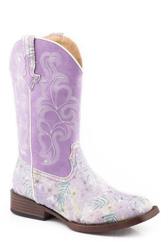 Roper Kids Girls Lavender Faux Leather Glitter Floral Cowboy Boots